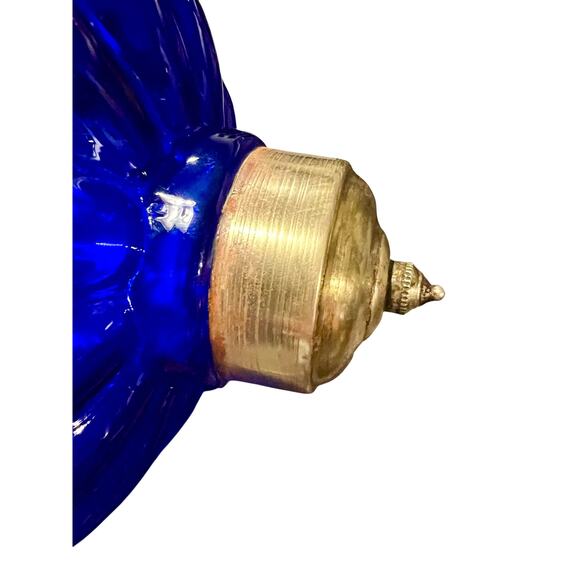 Vintage Cobalt Blue Hundi Glass Lantern-23'' Brass-Bell Pendant Hanging Light - Picture 12 of 13